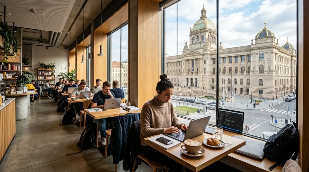 Cafedu Prague: The Ultimate Work & Study Café Experience with a View 97 A bright, modern study cafe in Prague with a view of the National Museum, students working on laptops