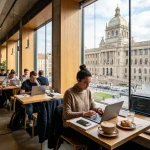 A bright, modern study cafe in Prague with a view of the National Museum, students working on laptops