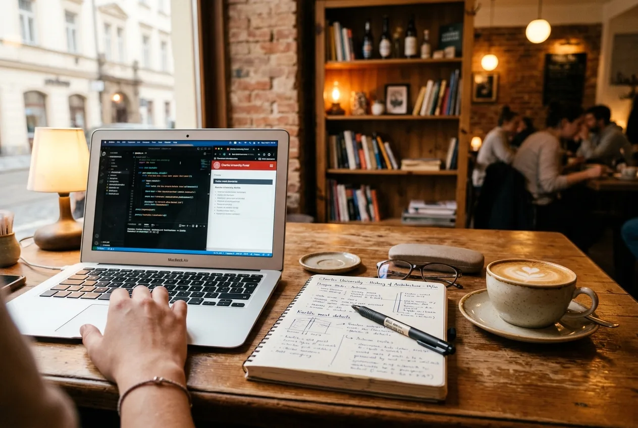 A close-up of a student's desk at a cozy Prague cafe, showing an open laptop and a fresh cappuccino
