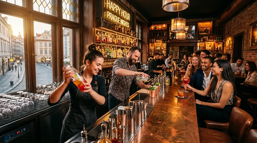 Happy hour prag: Odhalte 7 míst pro levné drinky bez turistických pastí! 4 Skupina přátel si užívá zlevněné koktejly v centru Prahy během happy hour