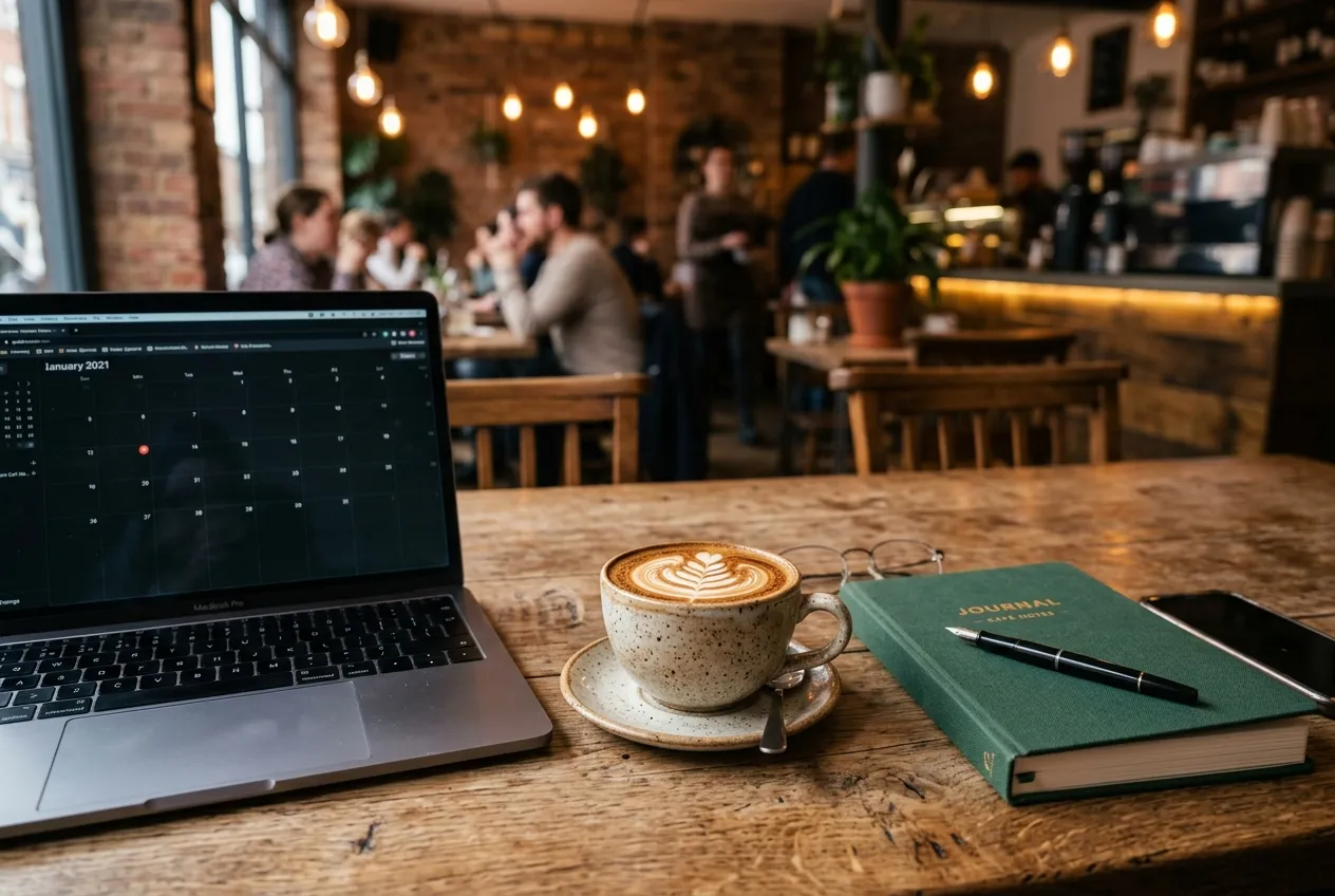 Nejlepší workcafe v Praze (2026): Kde najít rychlou Wi-Fi a klid na deep work 2 Detailní pohled na notebook a kávu v klidném pražském workcafe