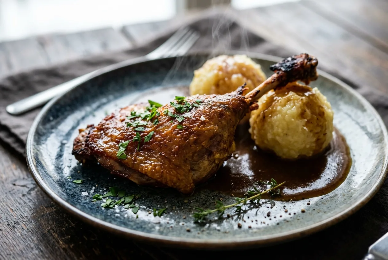 Nejlepší kachna v Praze – žebříček, tipy a gastro průvodce 2 Detailní záběr na křupavé kachní stehno s bohatým výpekem