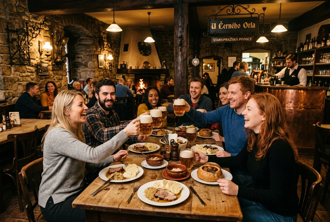 Praze.cz: 17 drsných pravd o Praze, které vám turistické průvodce neřeknou 1 Skupina turistů si vychutnává tradiční českou kuchyni v zapadlé autentické restauraci na Praze 1