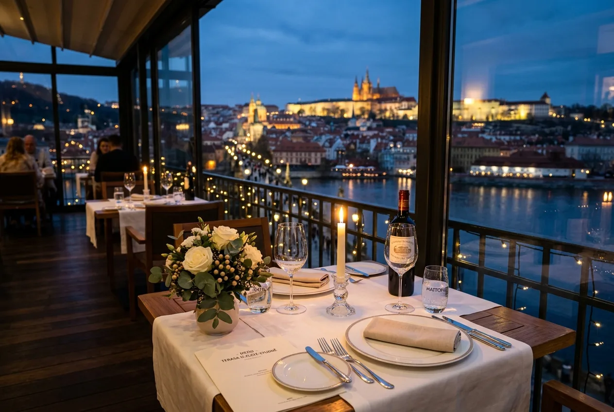 Romantická večeře Praha: 7 restaurací pro dokonalé rande 1 Elegantně prostřený stůl v luxusní pražské restauraci připravený pro dvě osoby